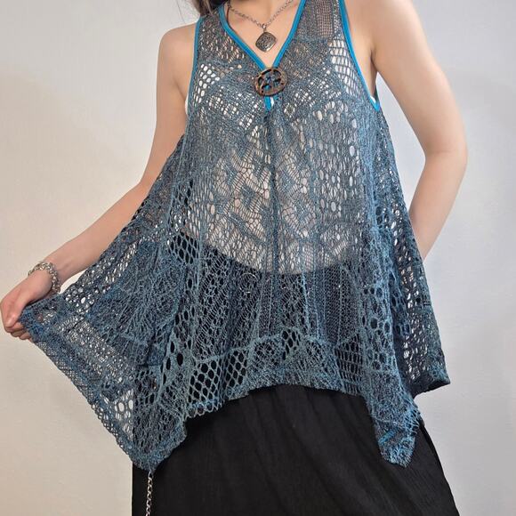 Kaktus Tops - Y2K Boho Tunic Top Fairy Grunge Open Knit Festival Tank Top Size Small Blue